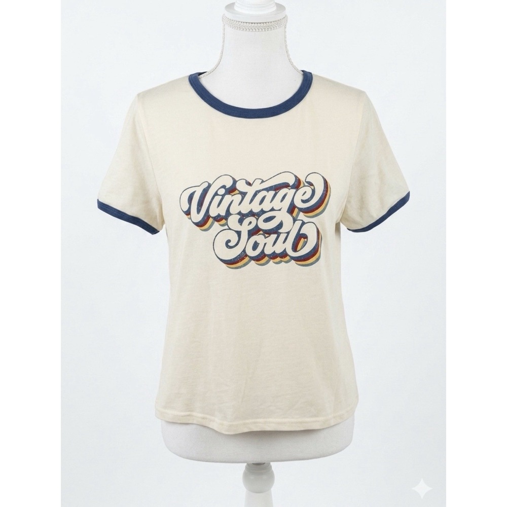 Women's SZ M Beige Ringer T-Shirt "Vintage Soul" Blue Contrasting Trim Crew Neck
